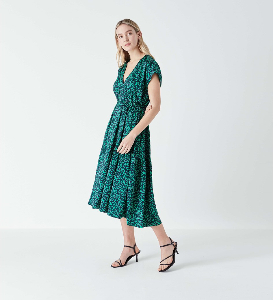 Viscose Satin Print Dress With Elasticated Waist in Green Rose Print ...