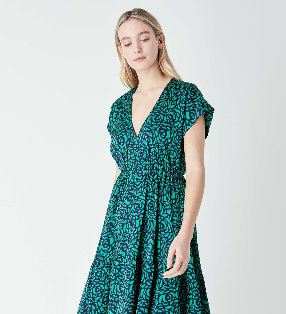 Viscose Satin Print Dress With Elasticated Waist in Green Rose Print ...