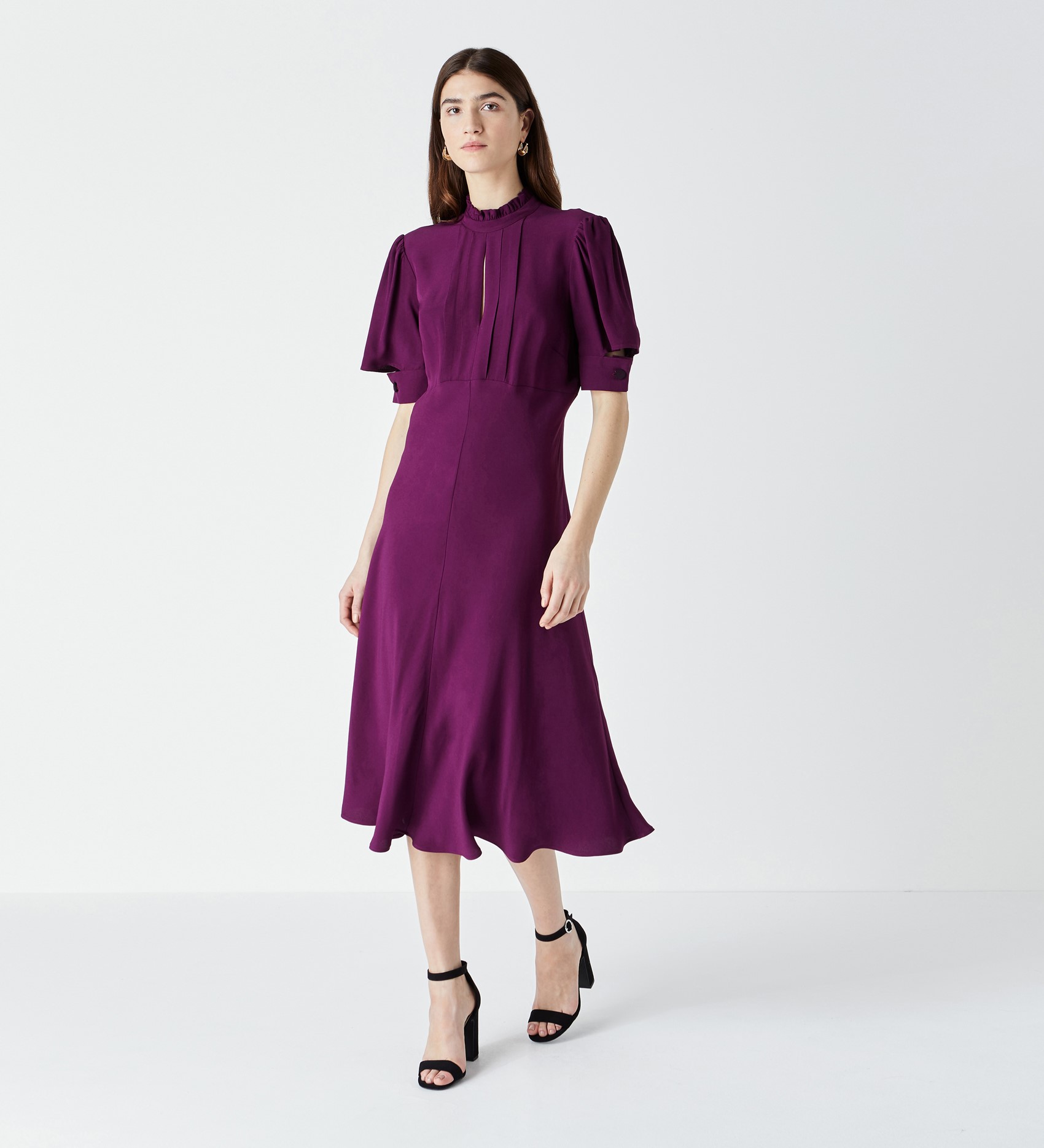 Viscose Crepe Purple Dress With Open Front Detail in Purple|Finery London