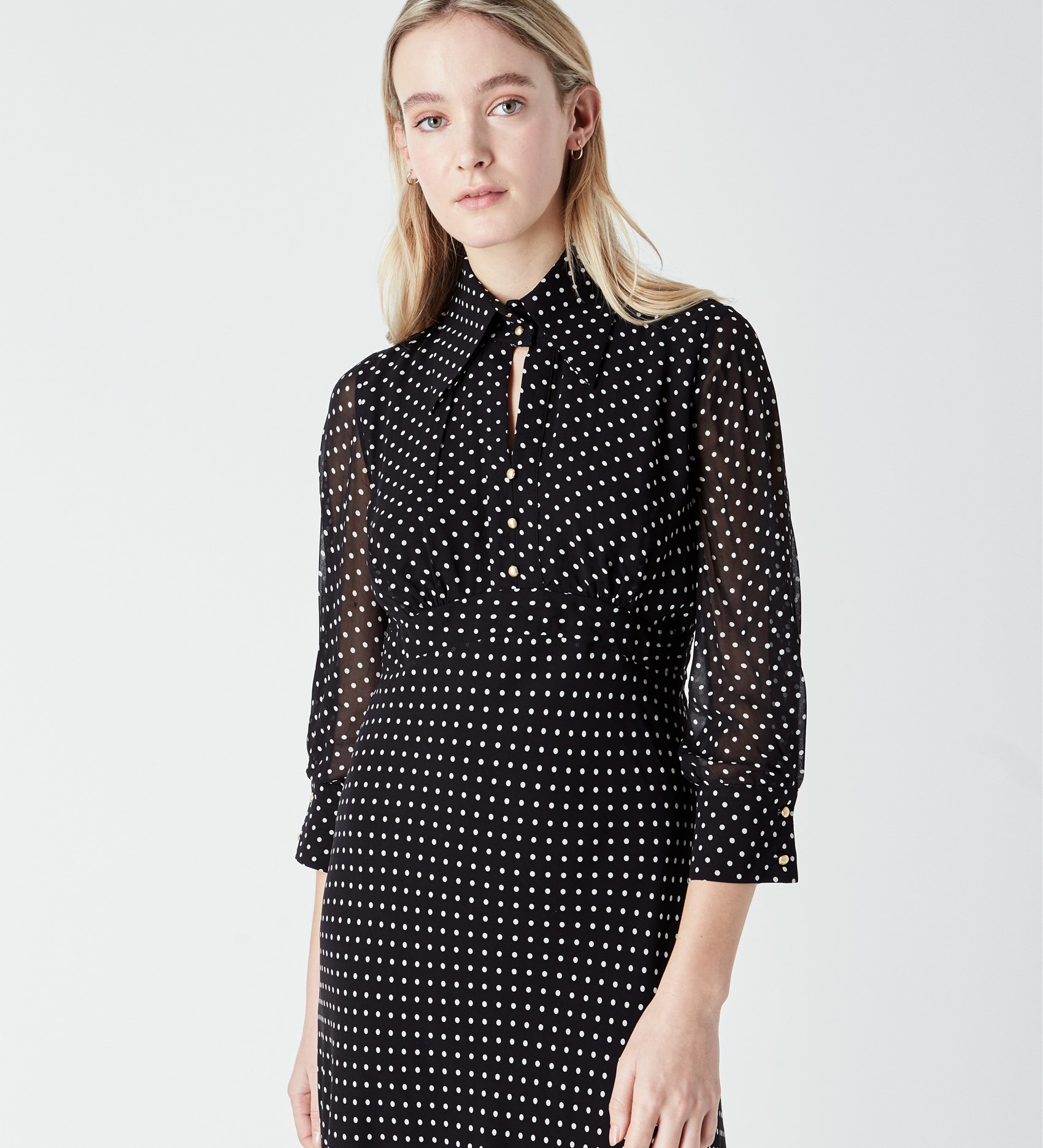 Viscose Polka Dot Dress With Gold Button Detail in Black
