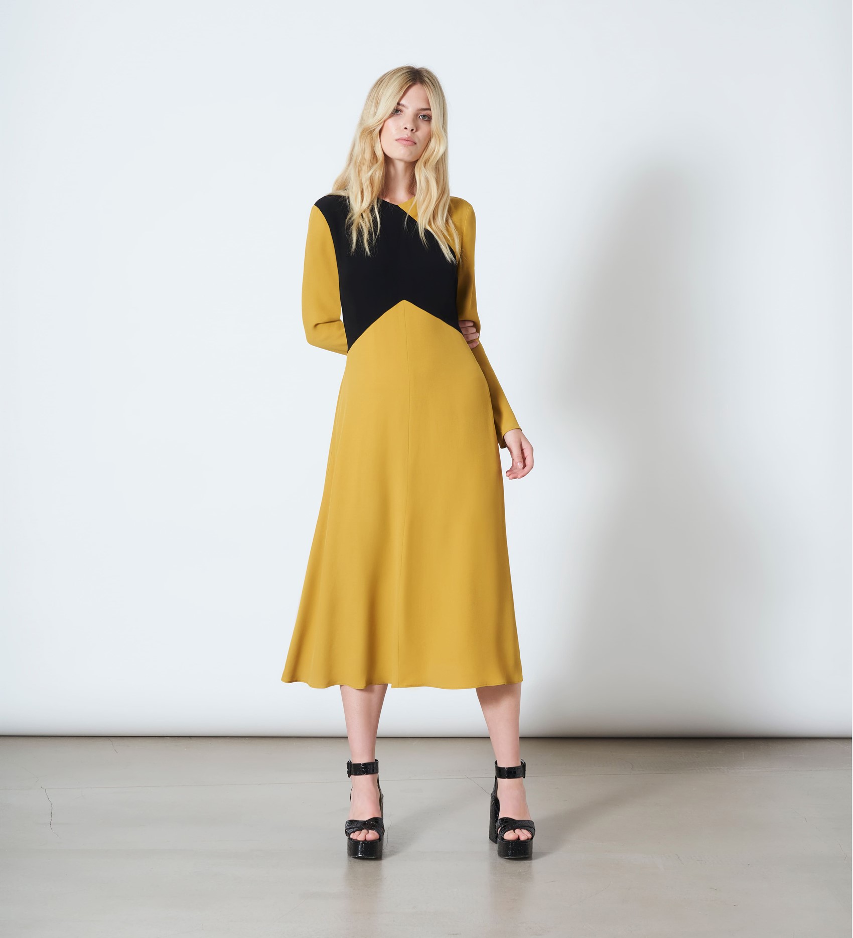 Viscose Crepe Long Sleeved Dress in Mustard & BlackFinery London
