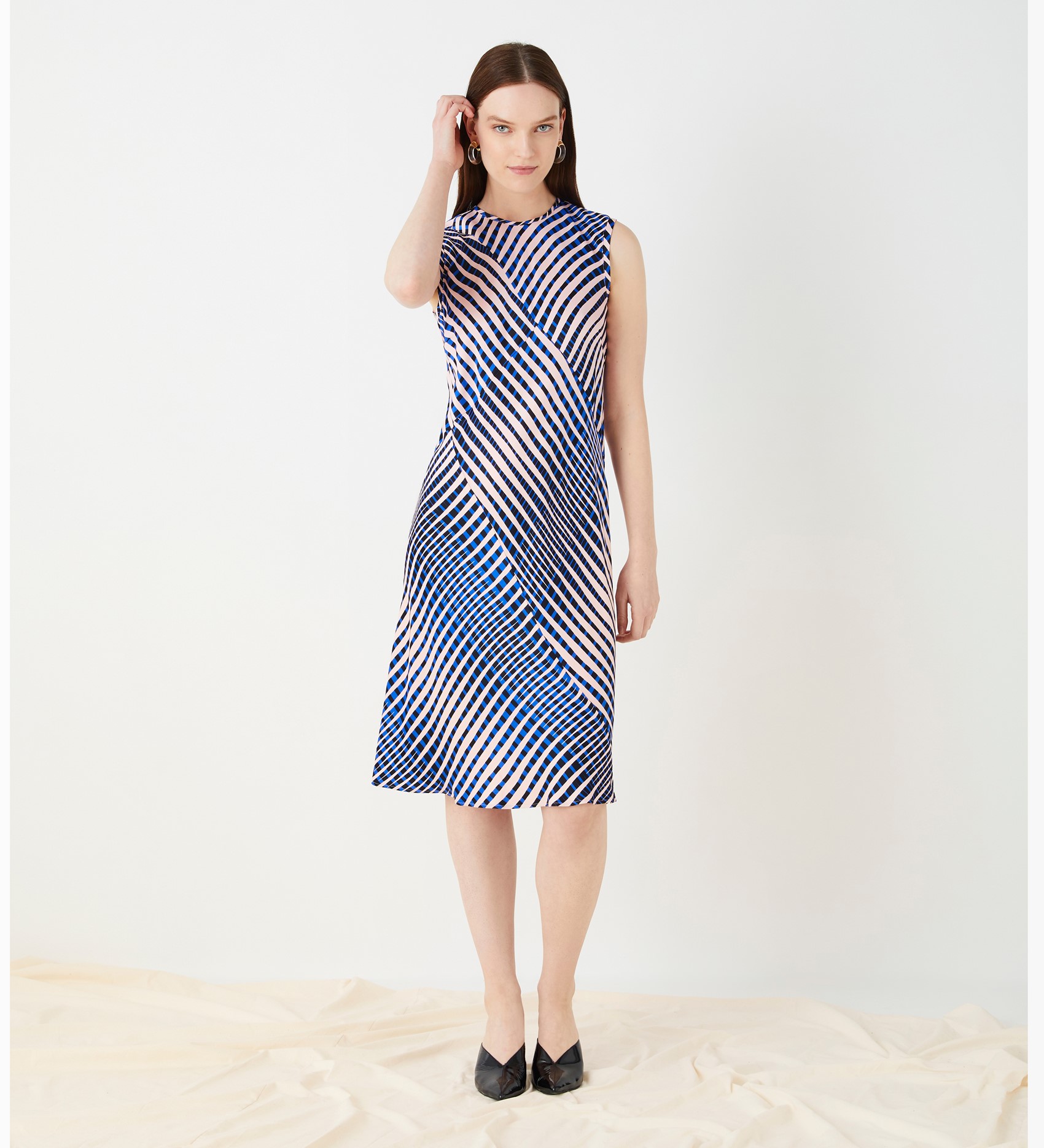 Blue Abstract Printed Satin Sleeveless Dress in Multi|Finery London