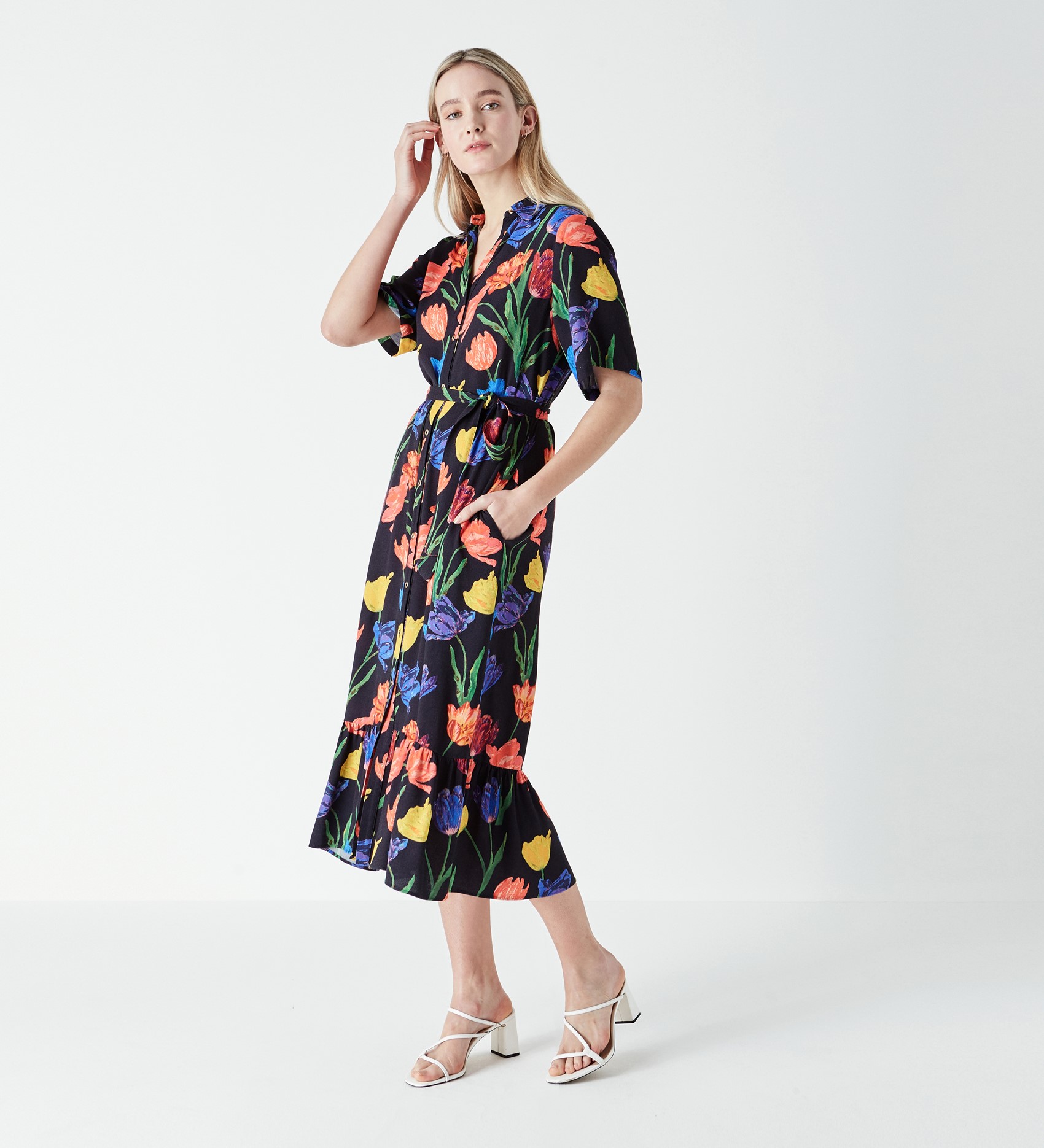 Viscose Crepe Printed Shirt Dress with Tie Waist in Tulip Print|Finery ...