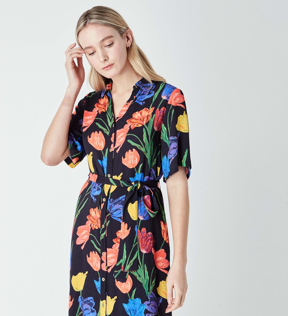 Viscose Crepe Printed Shirt Dress with Tie Waist in Tulip Print|Finery ...