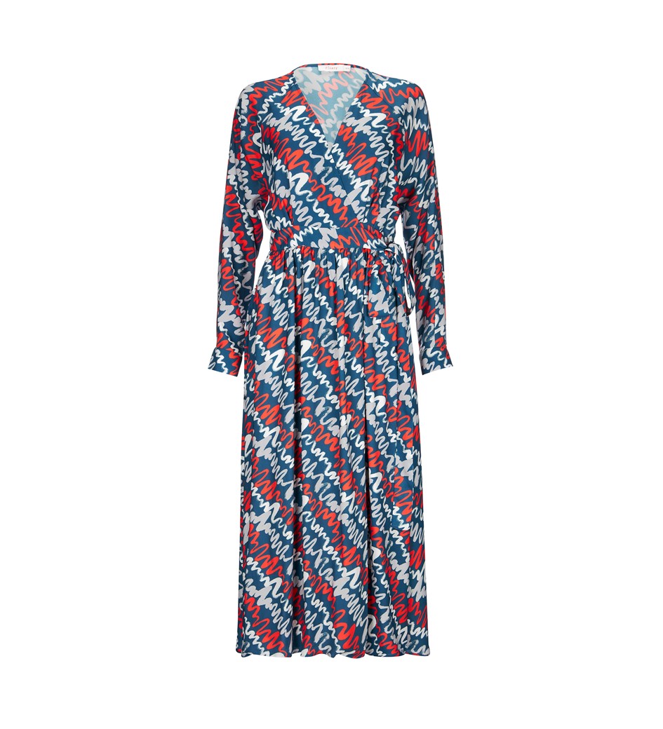 Diagonal Squiggle Printed Wrap Dress in Multi|Finery London