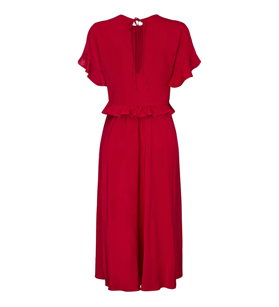 Viscose Satin Frill Dress with Ruffle Detail in Rosey Red|Finery London