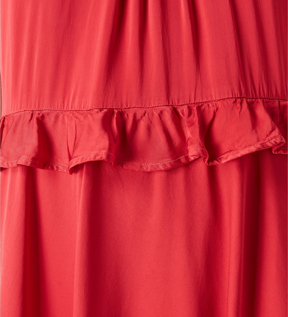 Viscose Satin Frill Dress with Ruffle Detail in Rosey Red|Finery London