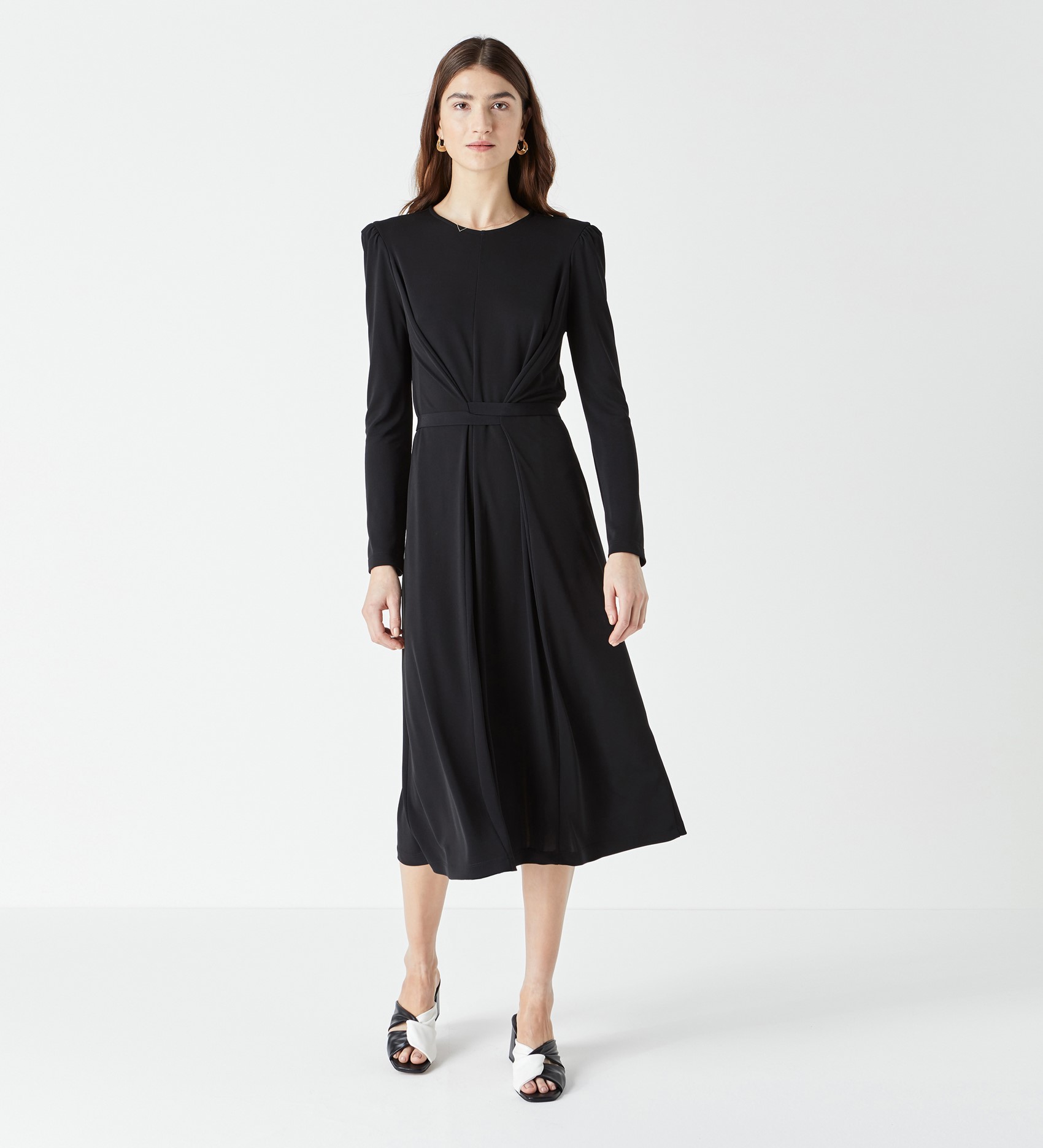 Viscose Long Sleeve Jersey Dress with Functioning Tie Detail in Black