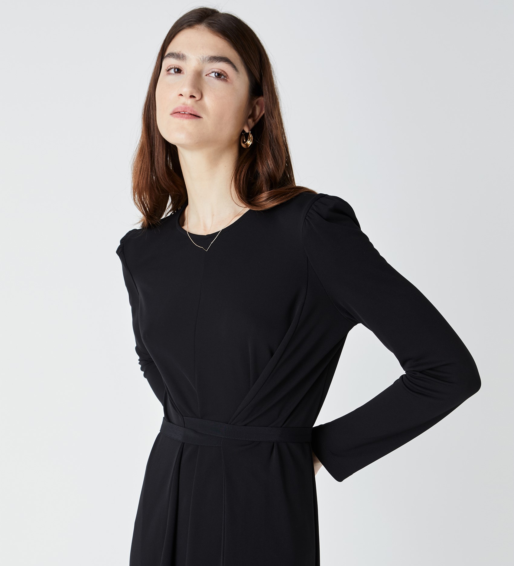 Viscose Long Sleeve Jersey Dress with Functioning Tie Detail in Black