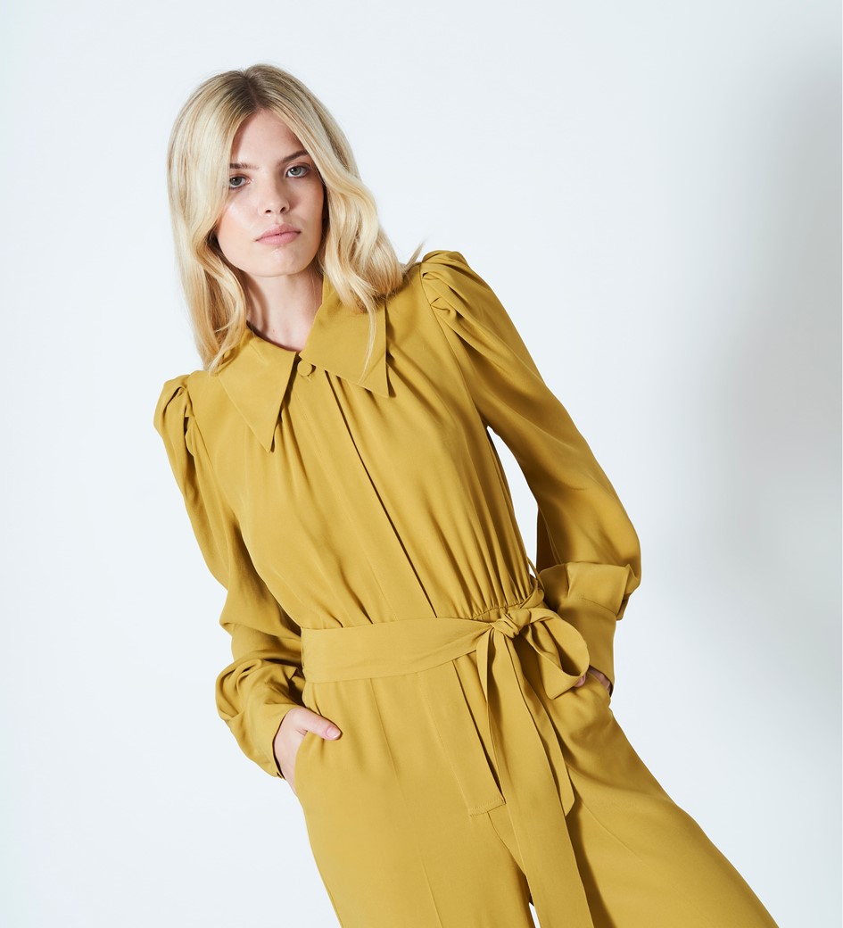 Mustard Tie Waist Jumpsuit in YellowFinery London