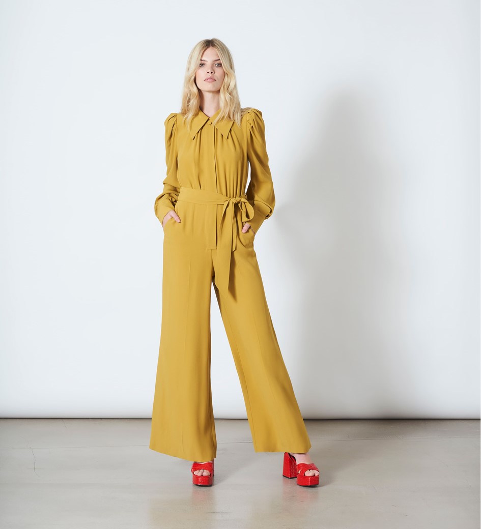 Mustard Tie Waist Jumpsuit in YellowFinery London