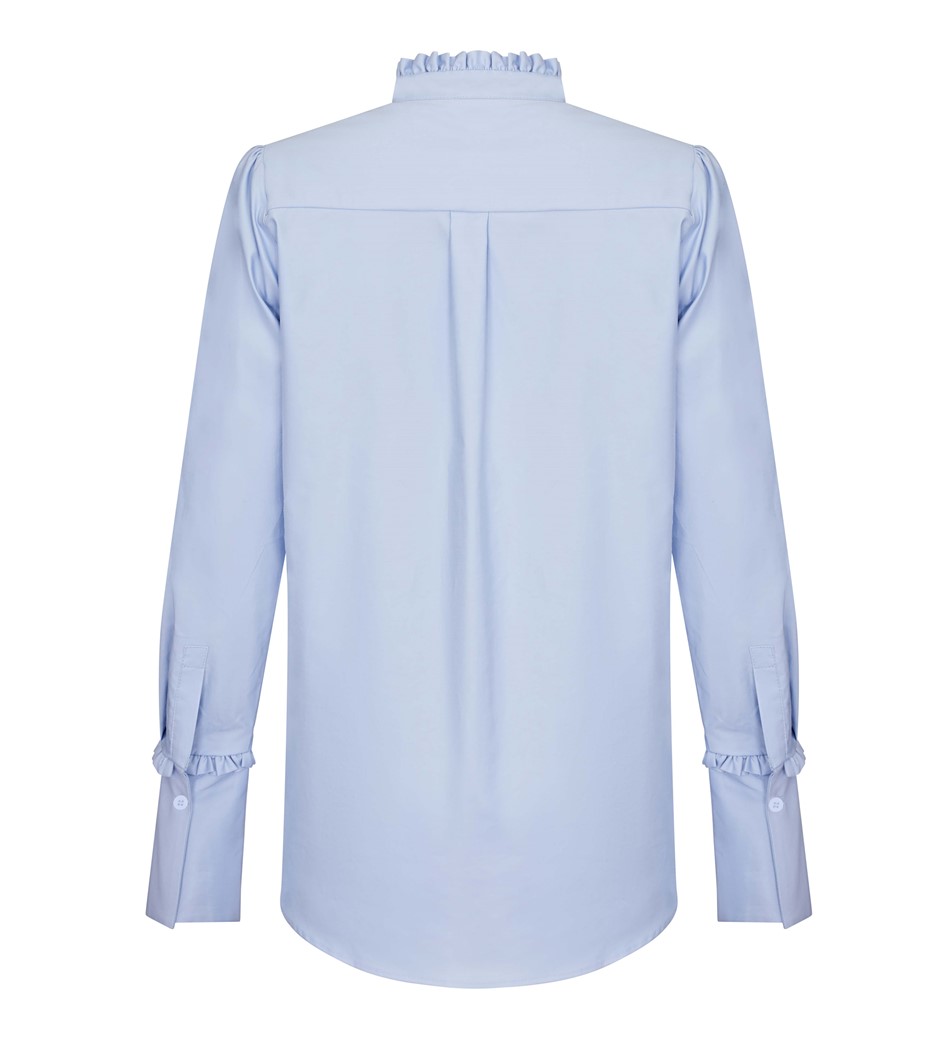Cotton Sateen Frill Placket Blouse in Light Blue|Finery London