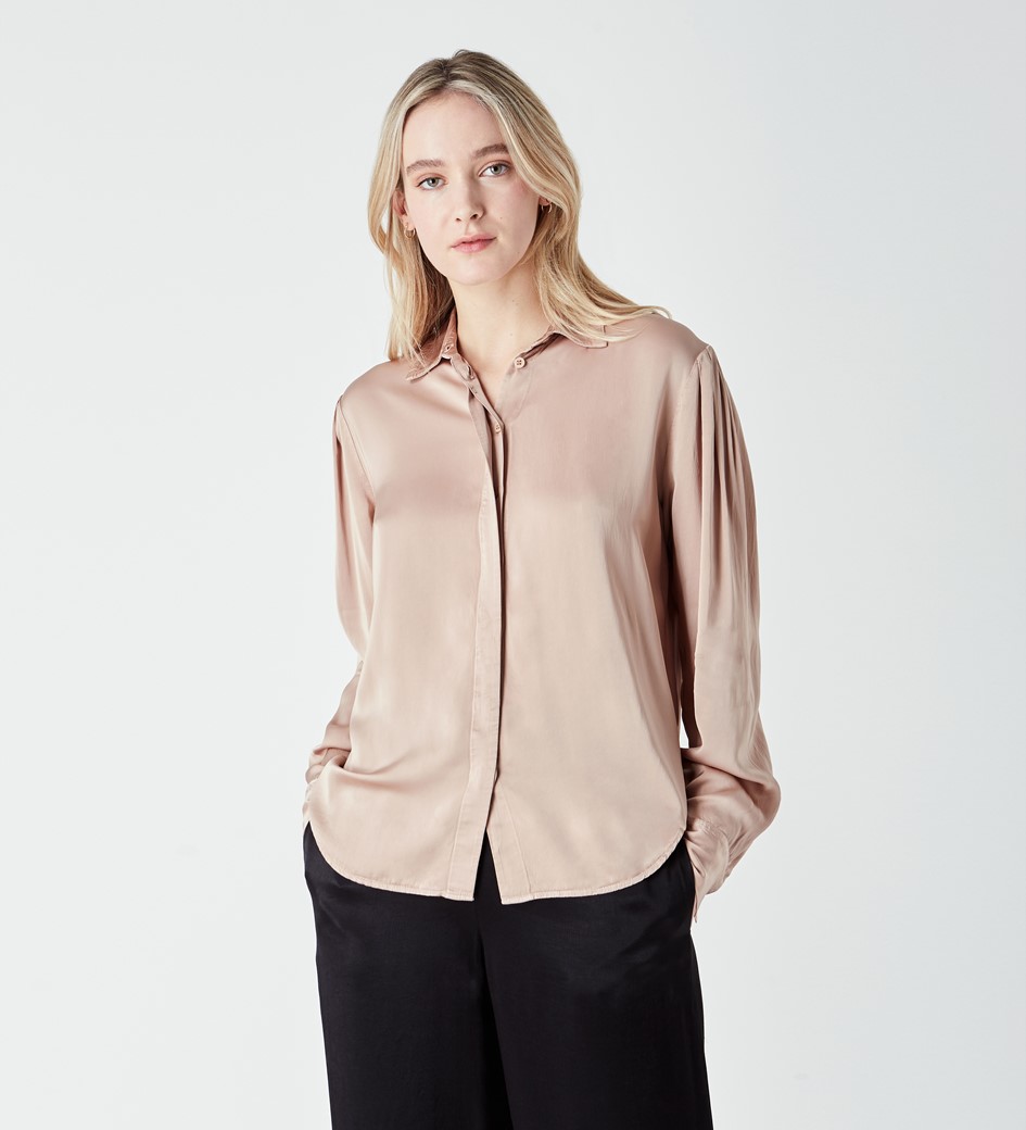 Viscose Satin Taupe Shirt With Pleated Sleeve Detail in Tan|Finery London