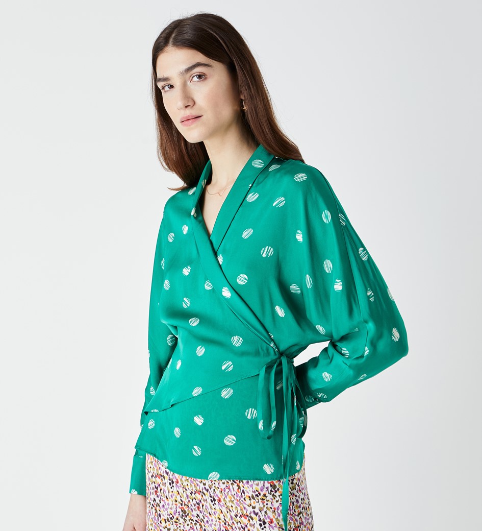 Viscose Satin Print Wrap Top with Tie Waist Detail in Green|Finery London