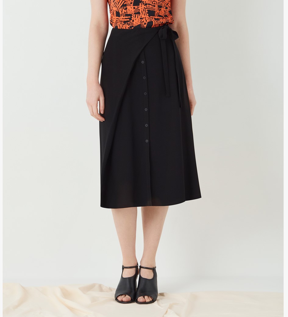 Button Front Wrap Skirt with Side Tide in Black|Finery London