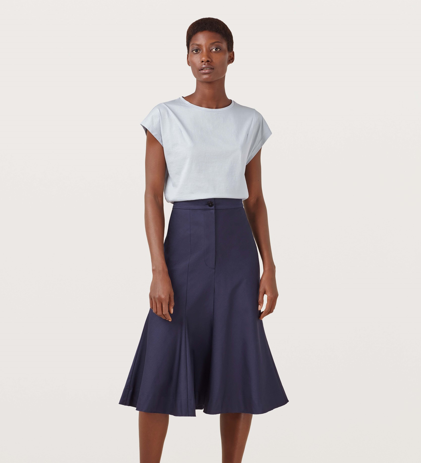 Cotton Fit and Flare Midi Skirt with Concealed Side Zip in Navy|Finery ...