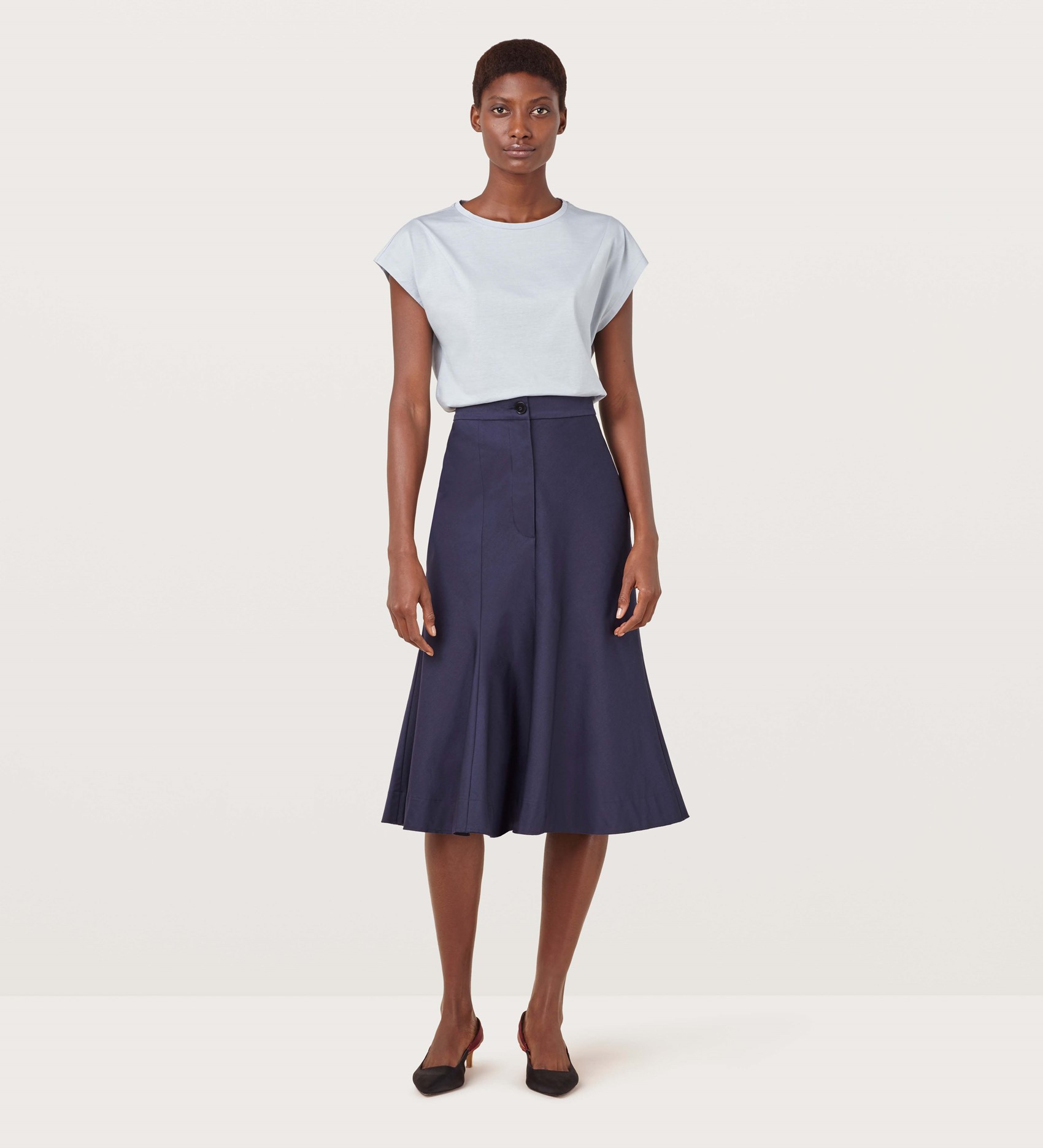 Cotton Fit and Flare Midi Skirt with Concealed Side Zip in Navy|Finery ...