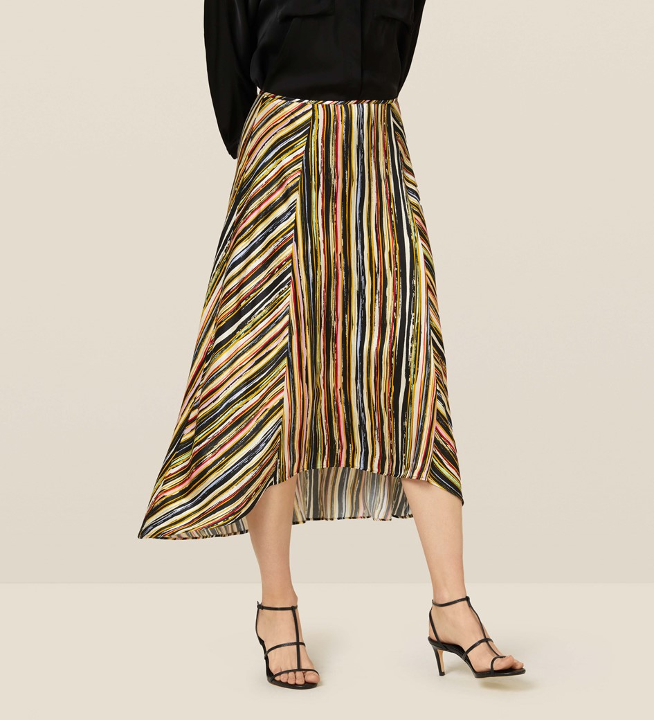 Satin Striped Dipped Hem Skirt with Concealed Back Zip in MultiFinery