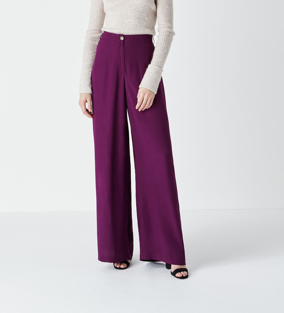 Viscose Crepe High Waisted Wide Leg Trousers in Purple|Finery London