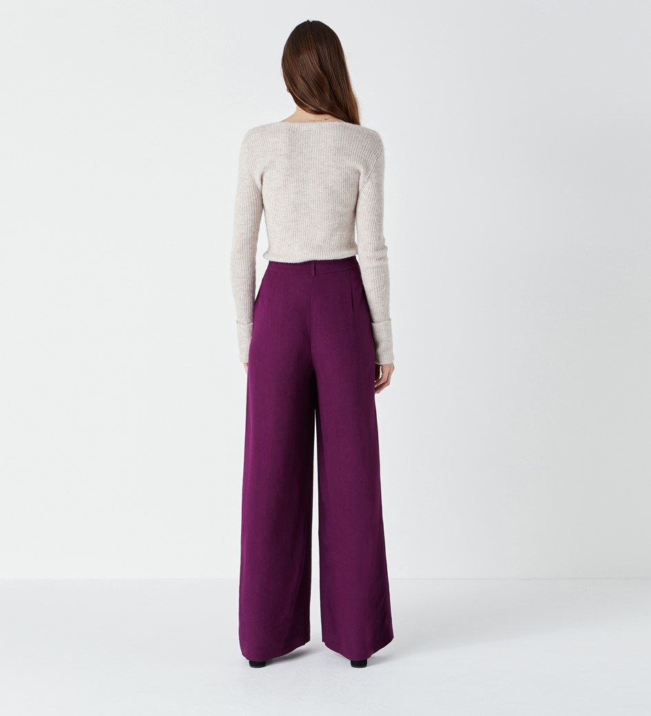 Viscose Crepe High Waisted Wide Leg Trousers in Purple|Finery London