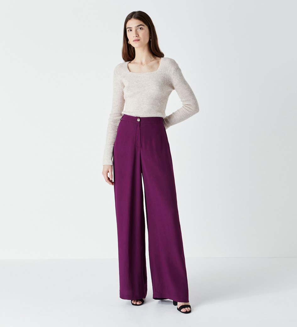 Viscose Crepe High Waisted Wide Leg Trousers in PurpleFinery London