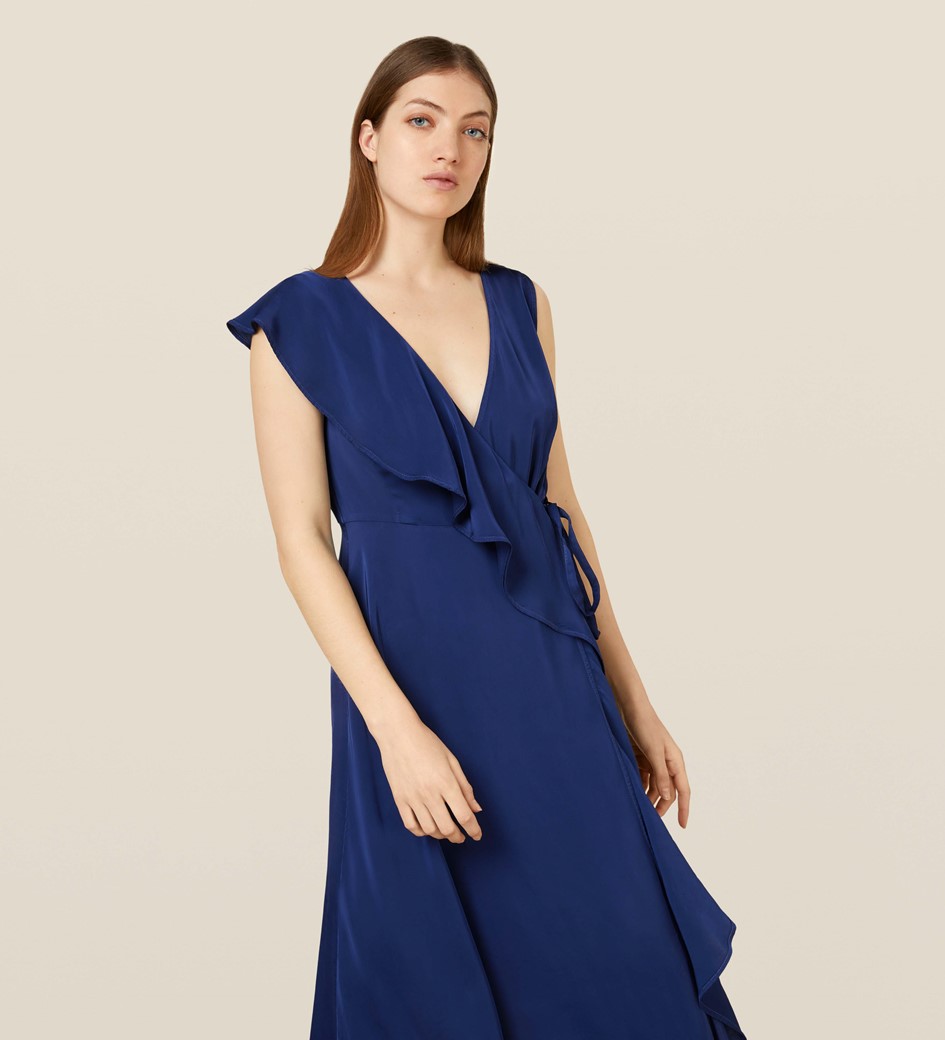 Satin Wrap Dress with Tie Waist in Navy|Finery London