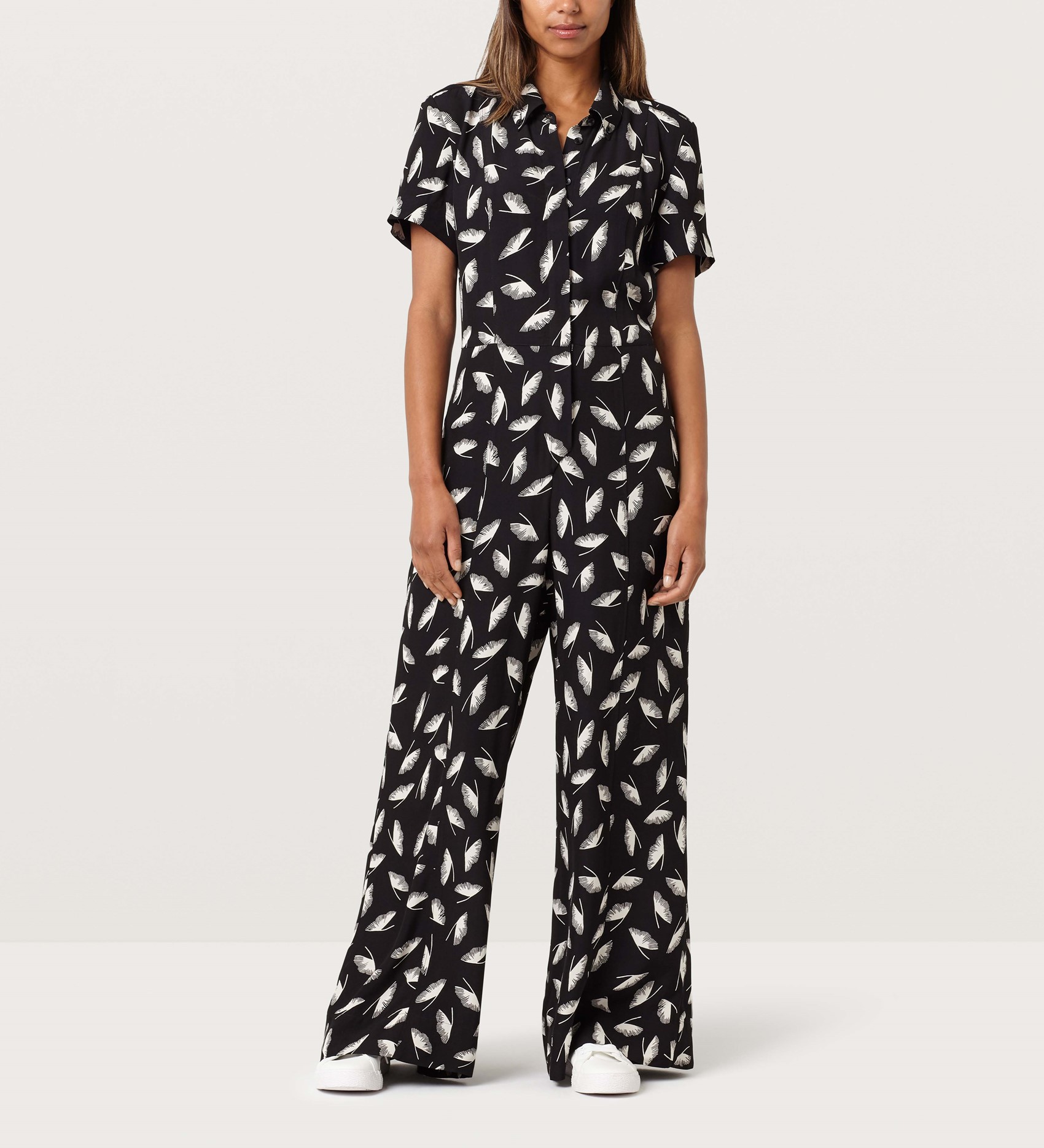 Satin Crepe Winter Feathers Jumpsuit with Wide Legs in Black Print ...