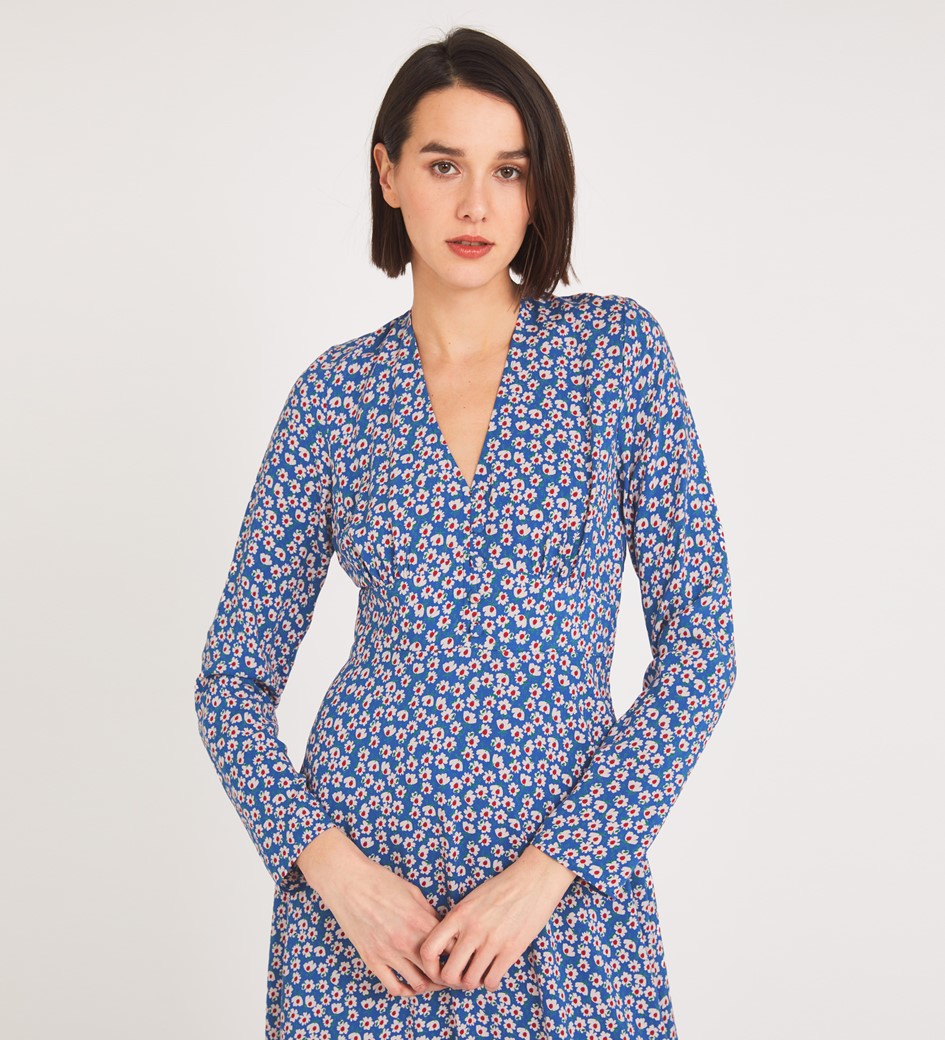 Lilly Midi Vintage Blue Ditsy Dress | Long Sleeves | Finery London