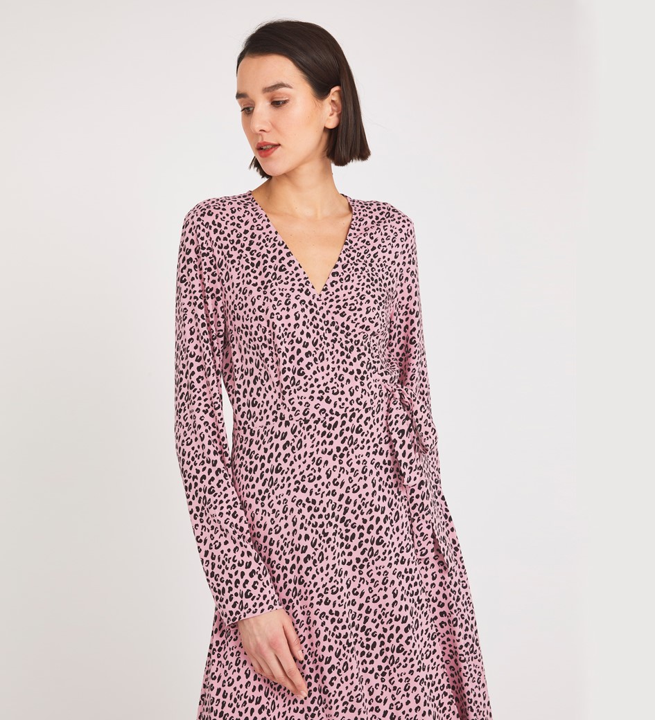 Midi Pink Leopard Dress Long Sleeves Finery London