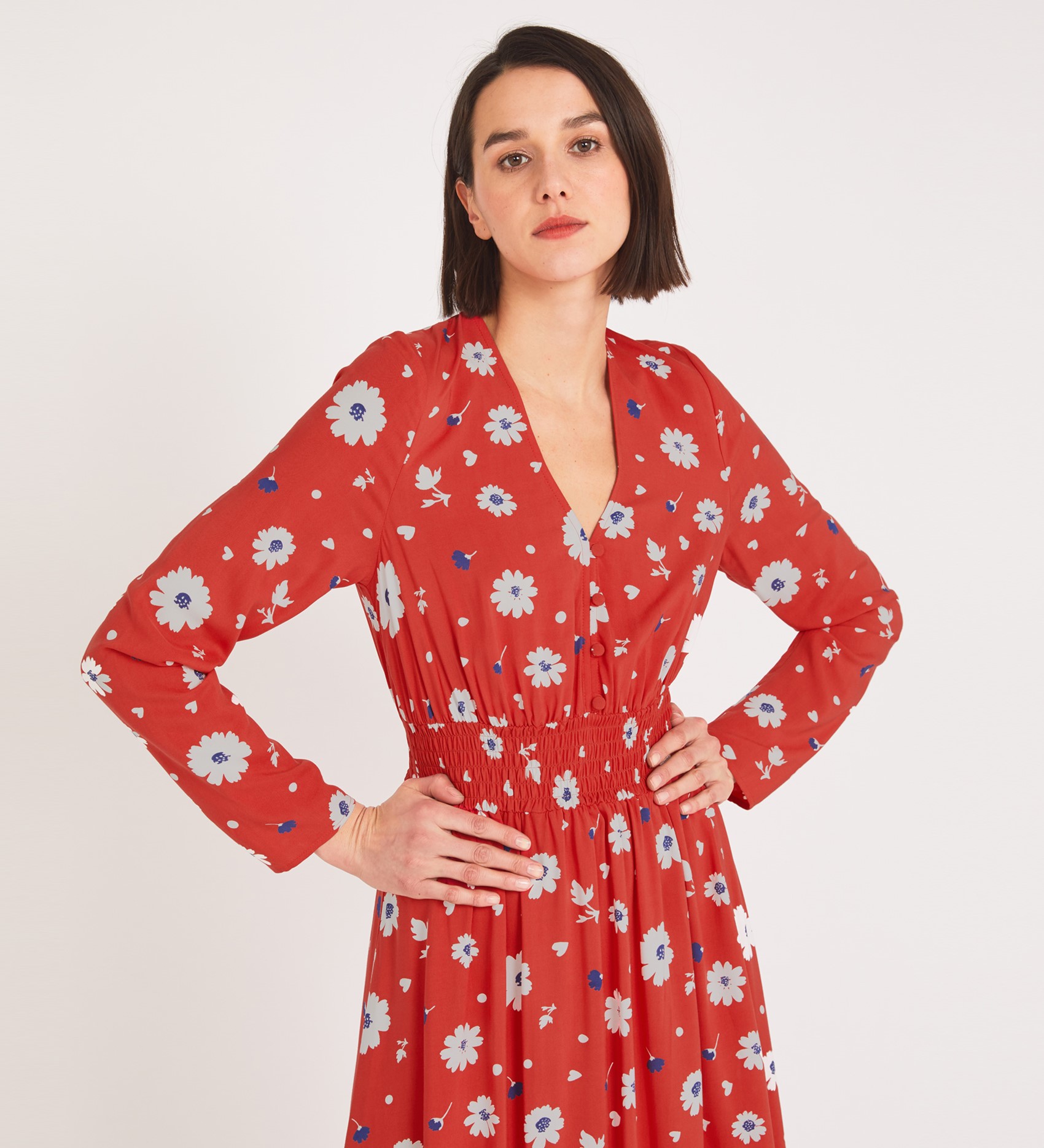 Midi Red Floral Dress | Long Sleeves | Finery London