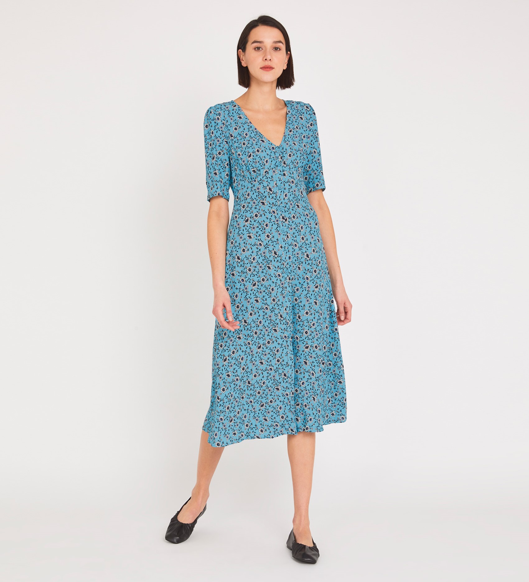 Midi Blue Floral V-Neck Dress | Short Sleeves | Finery London