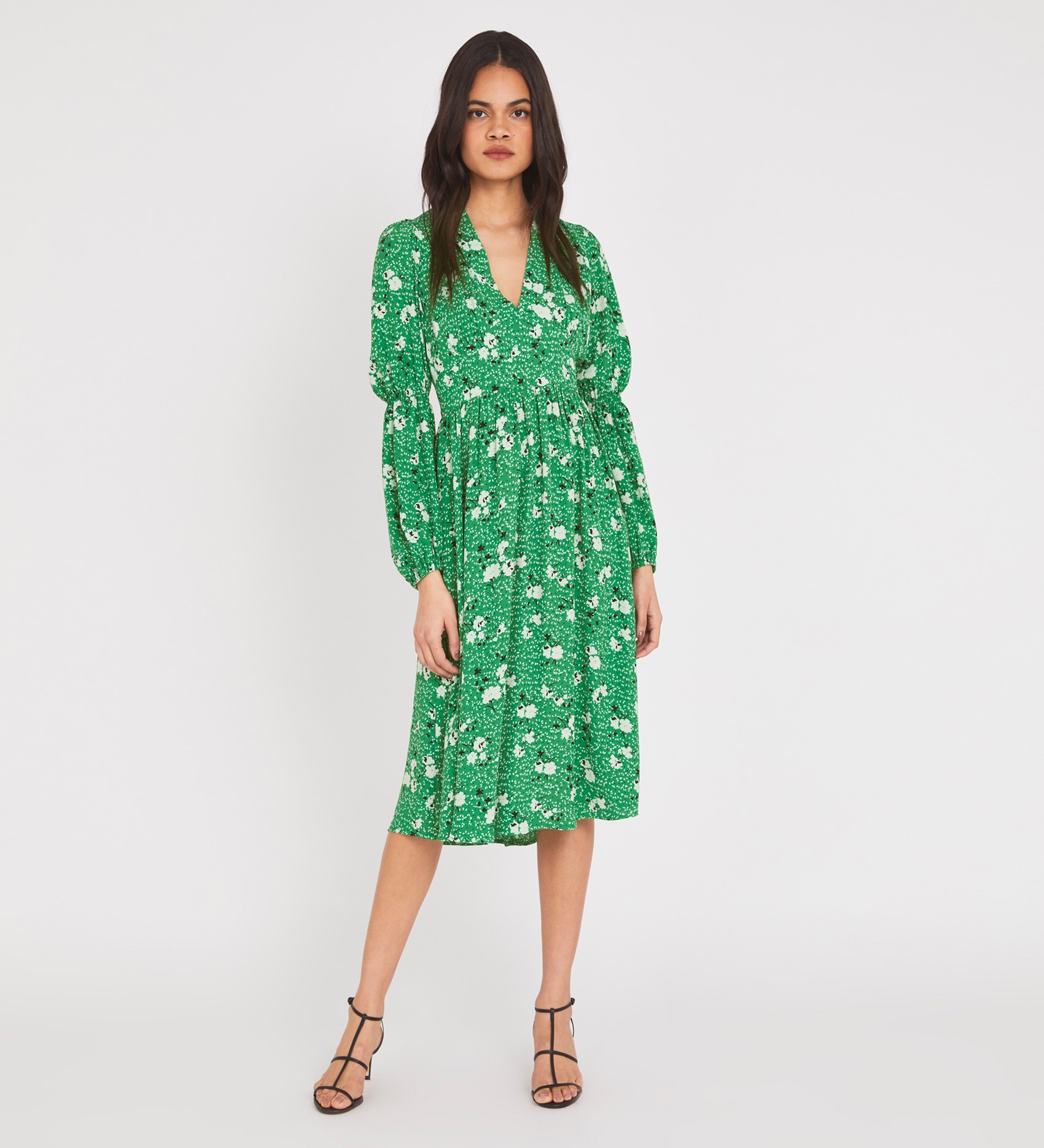 Knee Length Green Floral Dress | Long Sleeves | Finery London