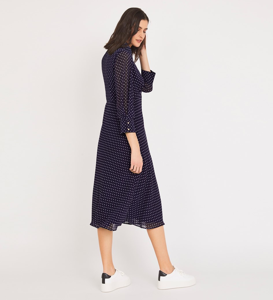Midi Navy Spot Dress | Long Sleeves | Finery London