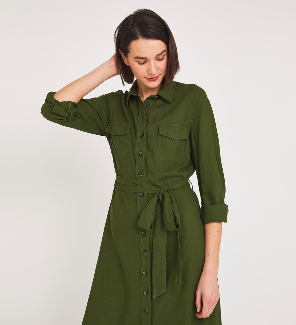 Midi Khaki Dress | Long Sleeves | Finery London