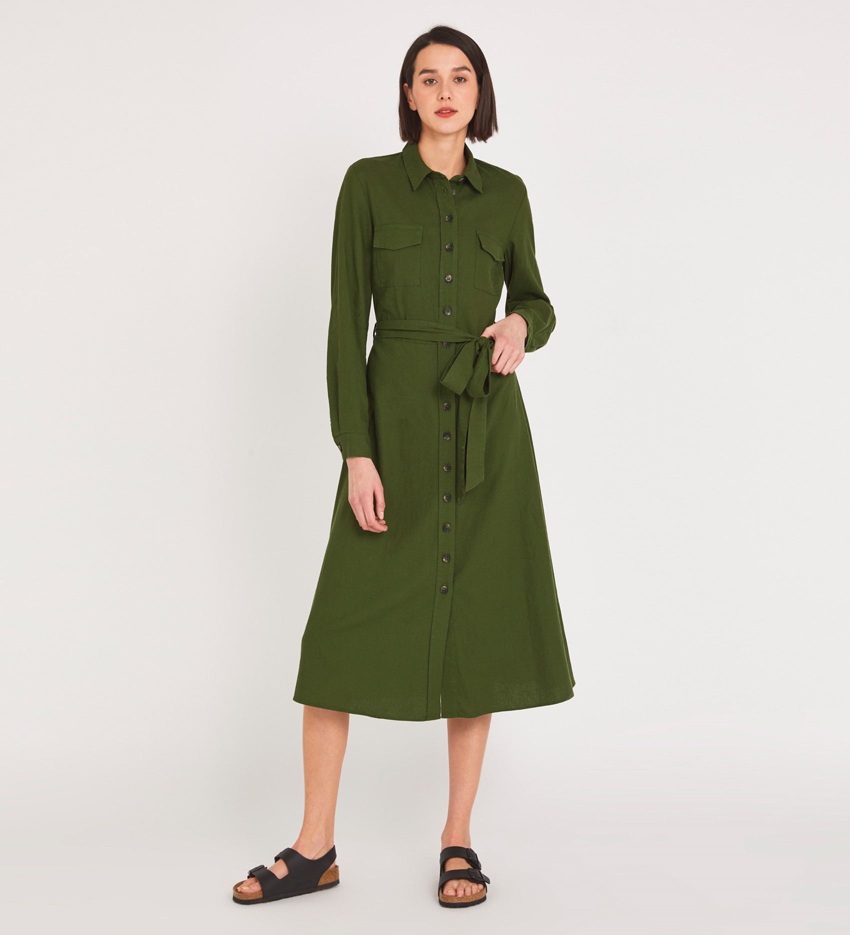 Midi Khaki Dress Long Sleeves Finery London