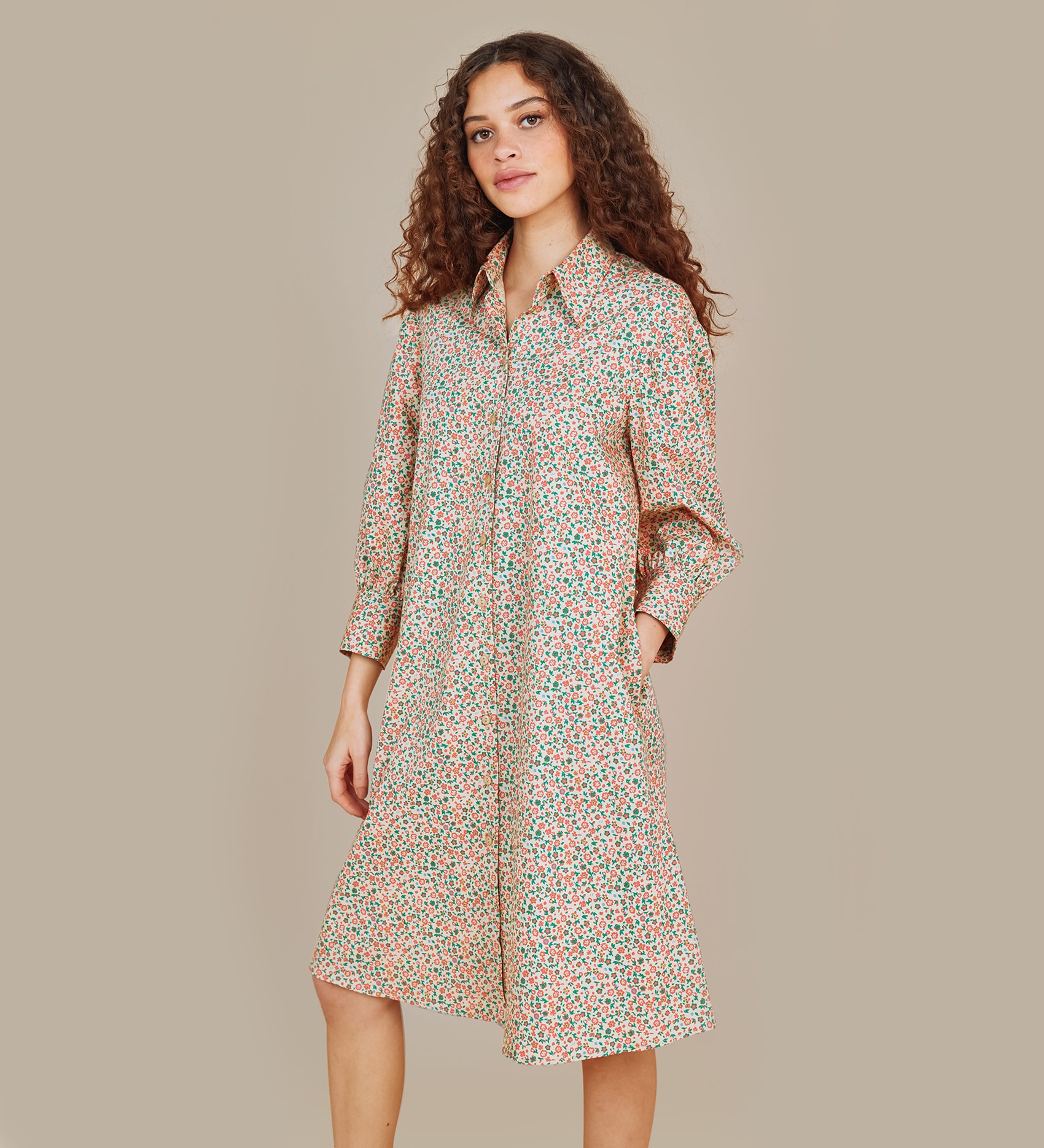 Knee Length Green Floral Dress | 3/4 Sleeves | Finery London