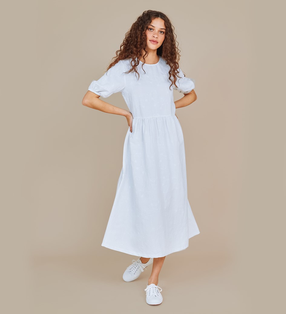 Florence White Embroidered Floral Linen Rich Dress 