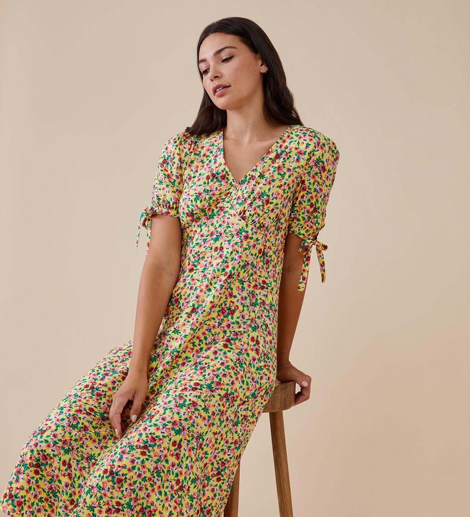 Dorothy Perkins Womens Yellow Floral Print Midi Short Sleeve V Neck Dress | eBay