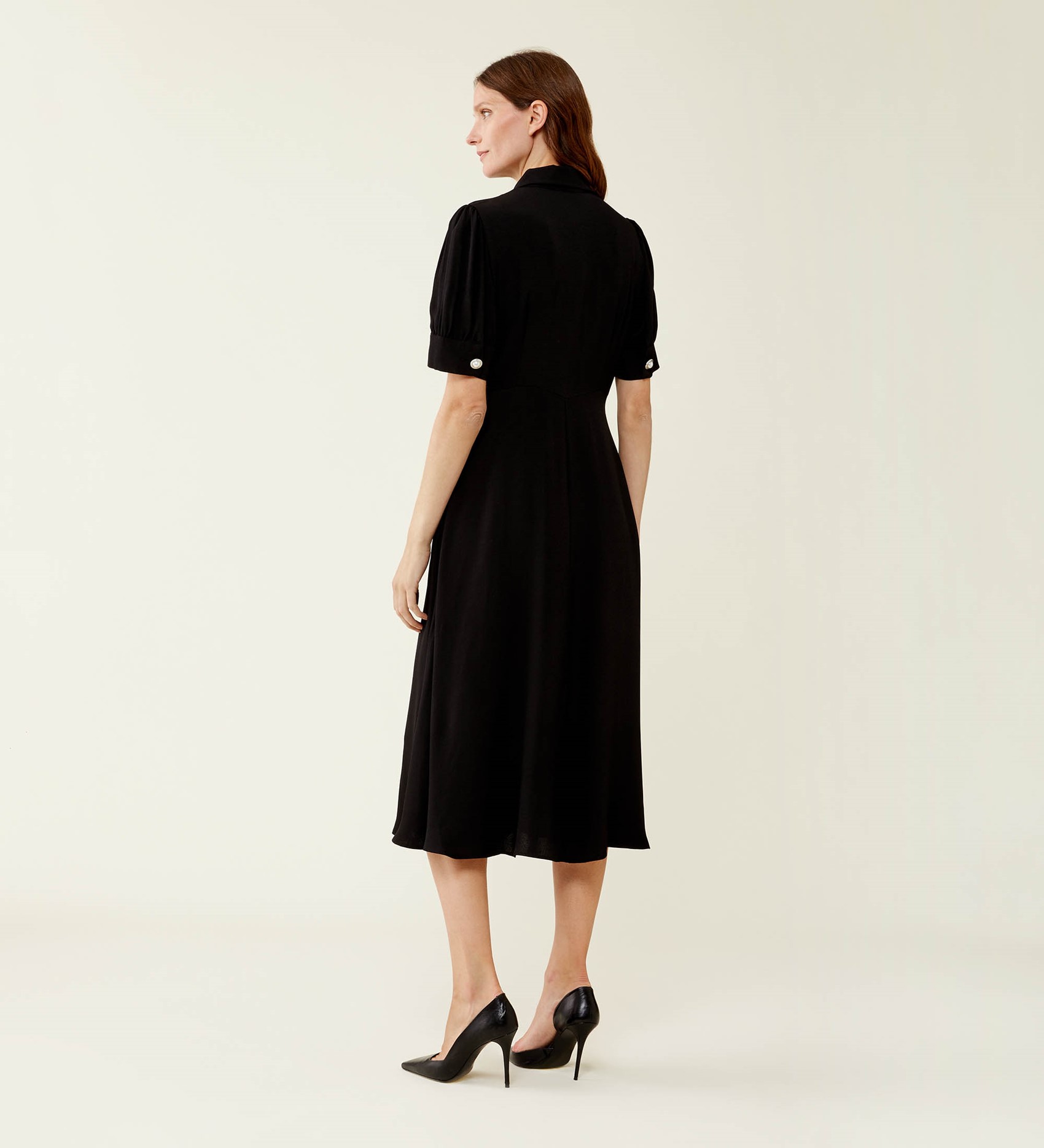Jaela Satin Back Crepe Black Midi Dress | Finery London