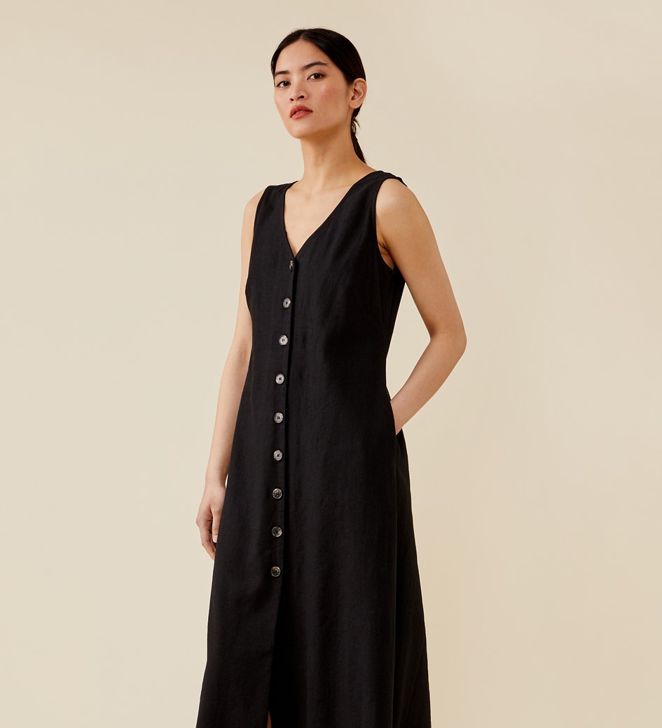 Dove Midi Black Linen Blend Dress