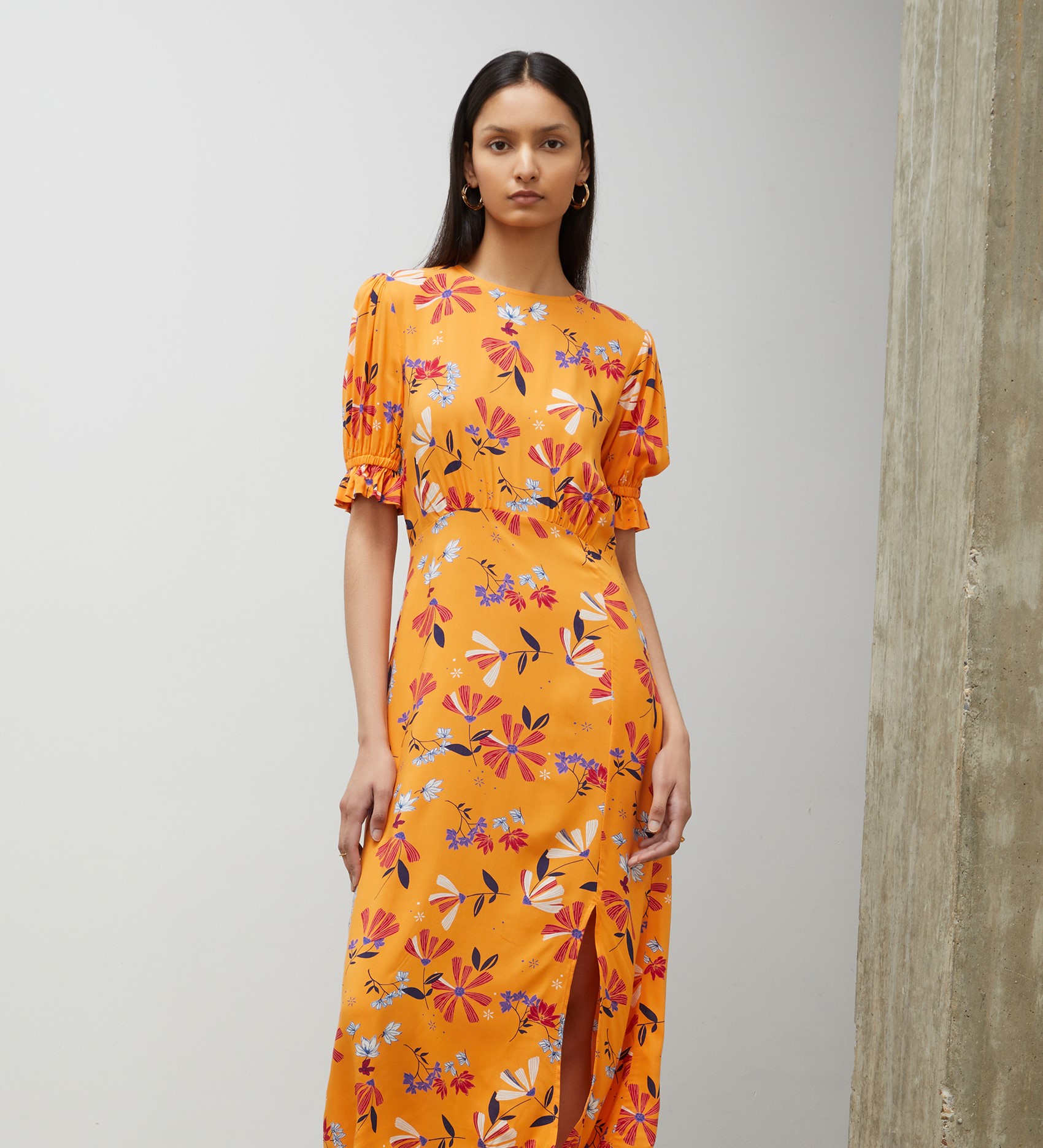 Jaylen Orange Floral Eco-Vero Midi Dress | Finery London