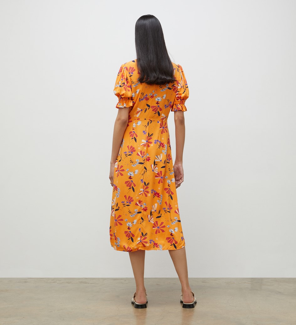 Jaylen Orange Floral Midi Dress                     LENZING™ ECOVERO™