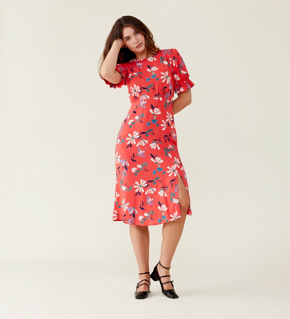 Jaylen Red Floral Midi Dress                     LENZING™ ECOVERO™
