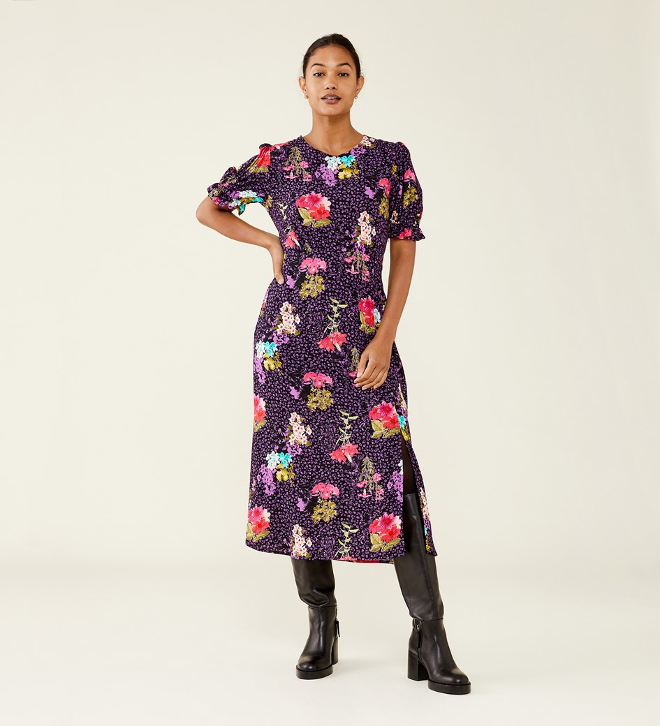 Jaylen Purple Flowers Midi Dress                     LENZING™ ECOVERO™
