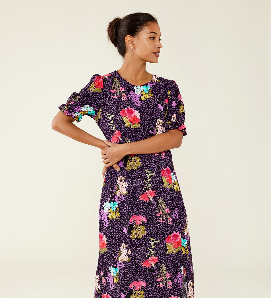 Jaylen Purple Flowers Midi Dress                     LENZING™ ECOVERO™