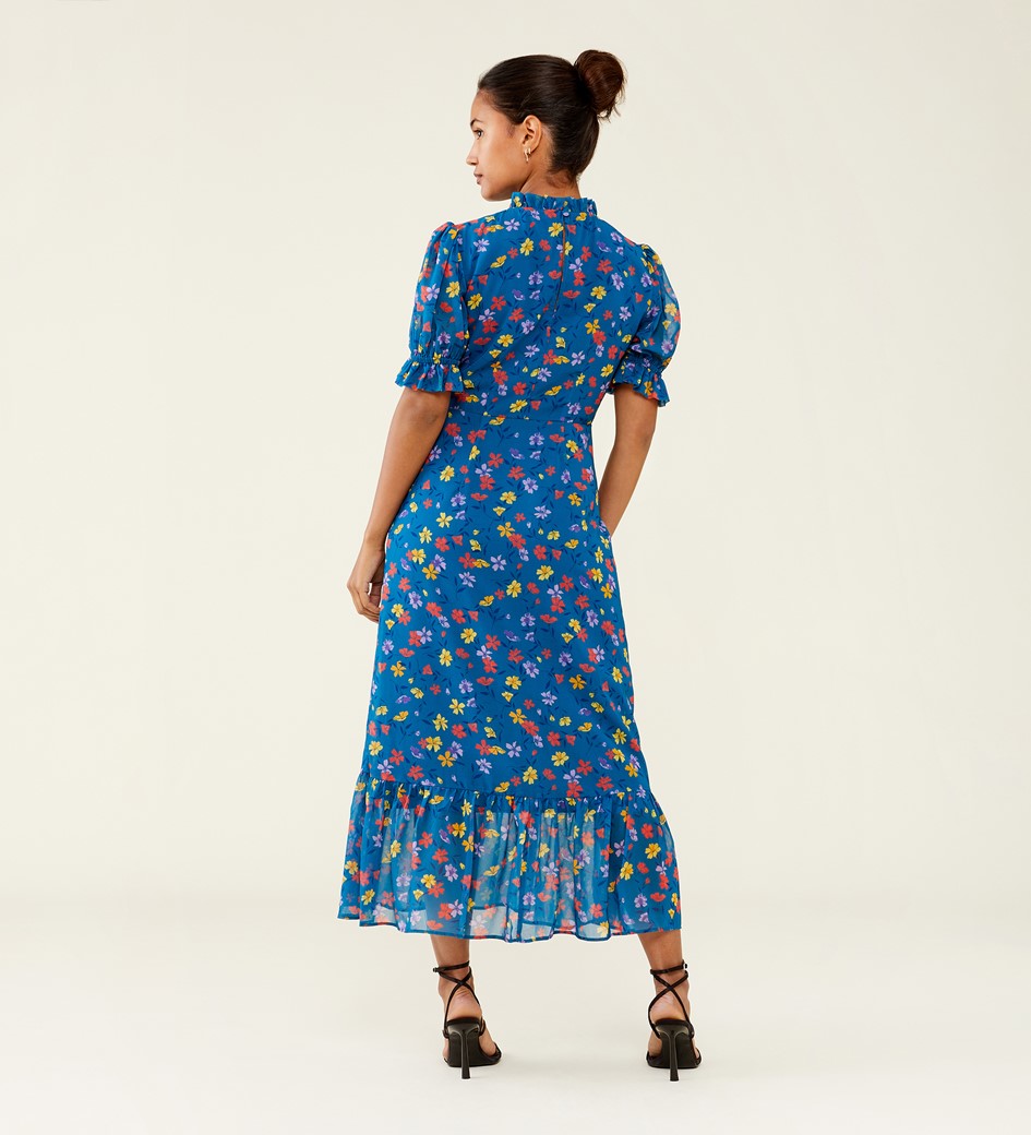 Camille Blue Floral Print Chiffon Midi Dress
