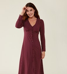 Elizara Bordeaux Spot Midi Dress                      LENZING™ ECOVERO™