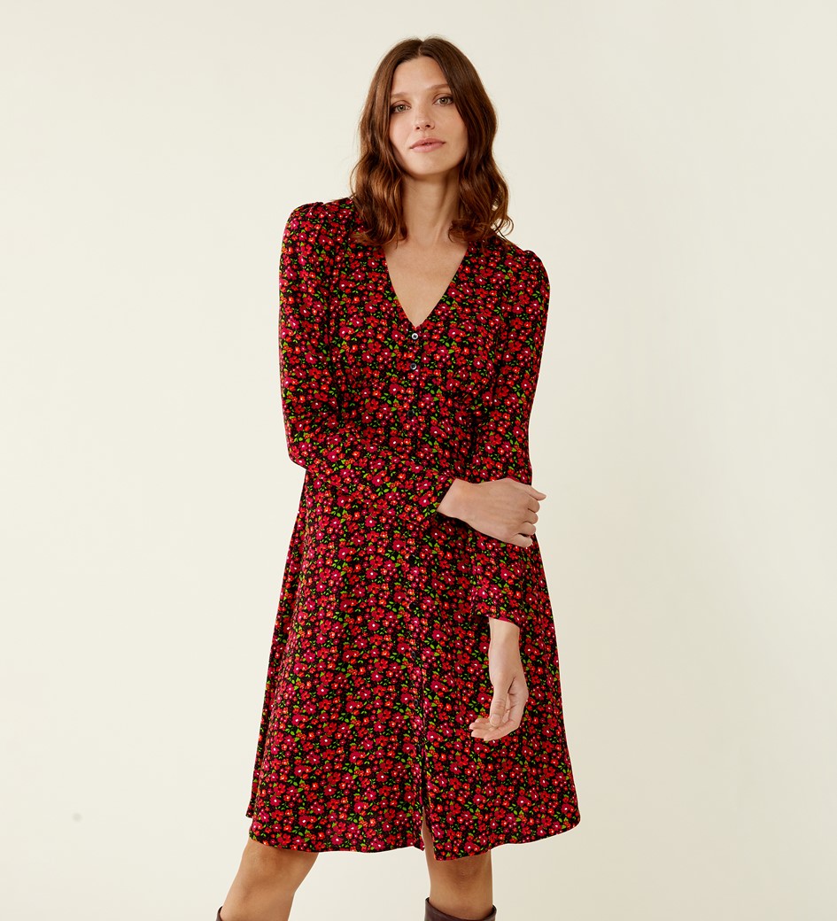 Paula Red Floral Midi Dress | Finery London