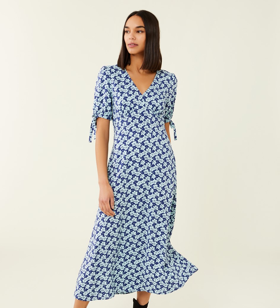 Claire Blue Daffodils Print Midi Dress