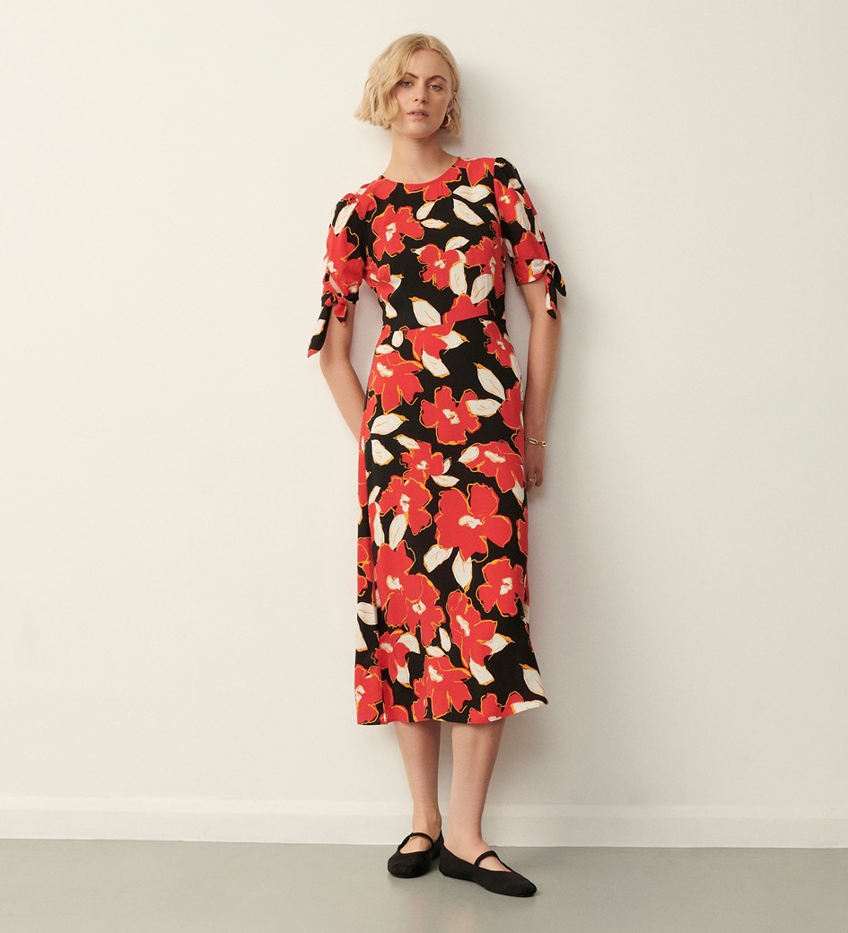 Caley Red Floral Print Midi Dress